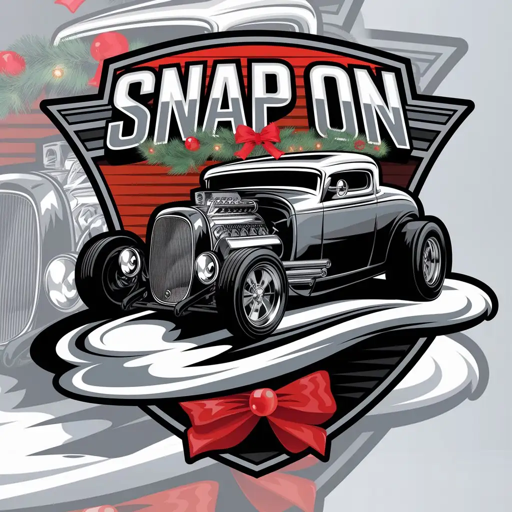 LOGO Design for Snap On Hot Rod on Snowy Road with Christmas Decorations for Automotive Industry