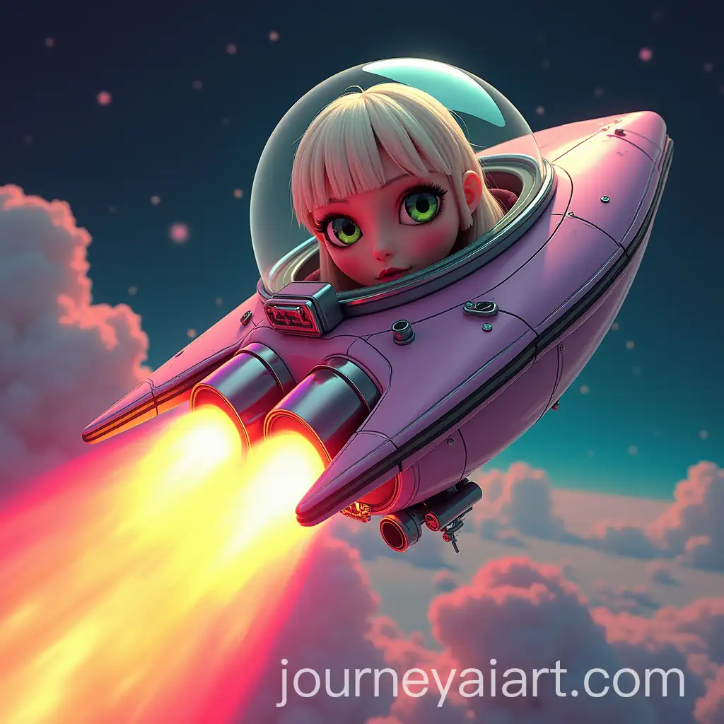 1980s-RetroFuturistic-UFO-with-Female-Nordic-Alien-Pilot-Blasting-Off-Into-Space