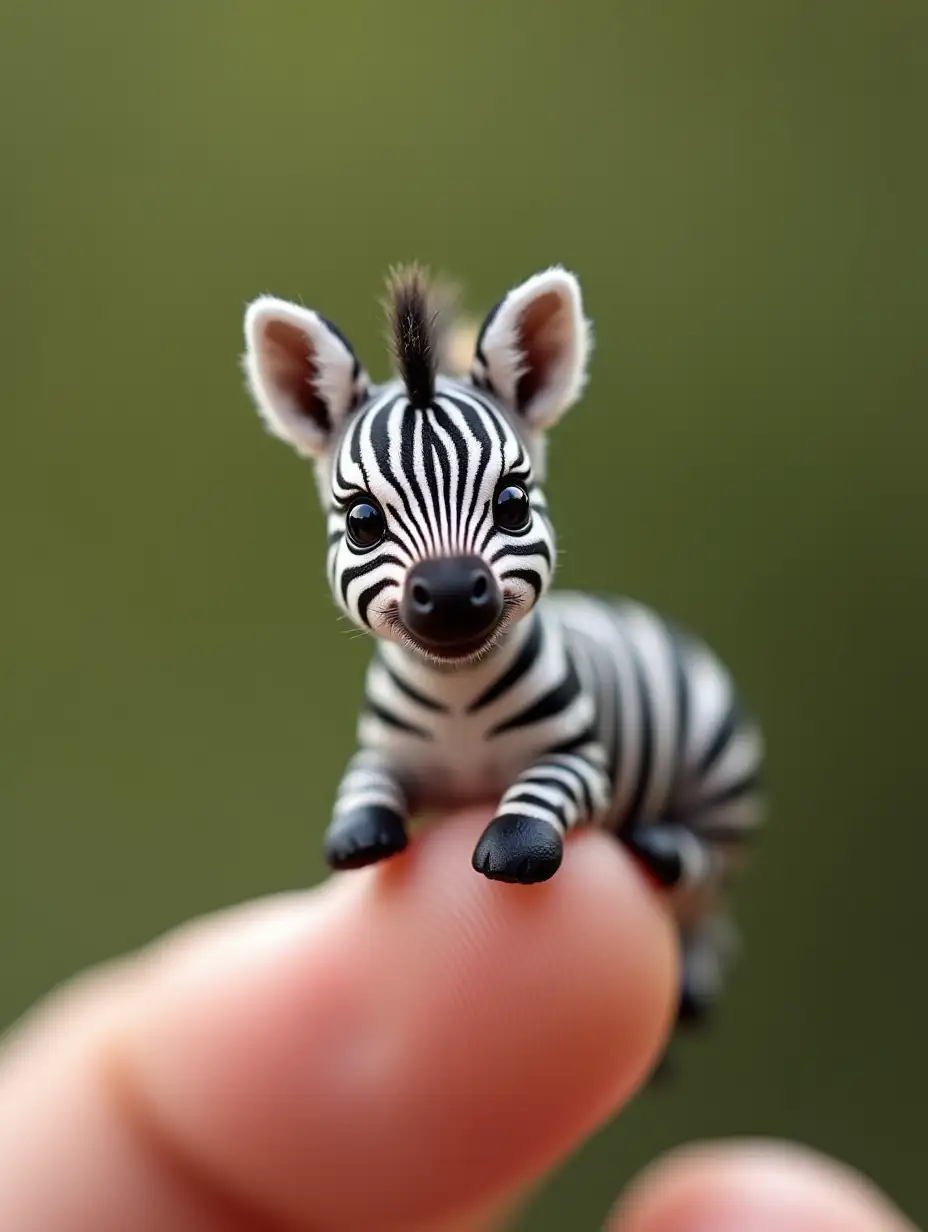 There is a tiny zebra sitting on the tip of your finger, cute and adorable, a tiny zebra with big eyes. The photo was taken by a professional photographer, super detailed realistic photo