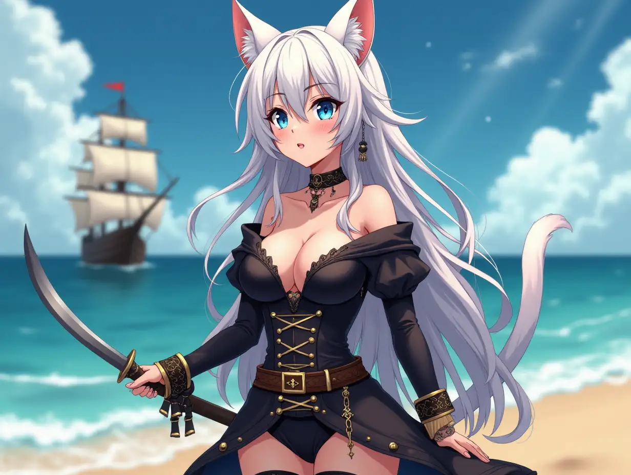 A mature adult feline/woman dressed as a pirate with a sword on a beach.  A pirate ship in the background. Her 30-something years are disguised by her youthful facial features, except for her subtle wrinkles around the eyes, extremely slender body. Her ample bosom strains against her clothing, threatening to burst free from the fabric, extreme cleavage.  Wearing black thigh high pirate boots. She has piercing blue cat eyes. A choker adorns her neck, a subtle hint at her feline nature. Her long, white hair cascades down her back like a wild waterfall, tangled and disheveled. Her cat-like teeth glint in the light, as her white fur-lined ears punctuate her visage with sparkling black and gold earring adorns each ear, adding a touch of elegance to her feline features. Cat whiskers on her face. The attached tail at the base of her spine stirs lazily.  Long fingernails. Full body view. Anime.