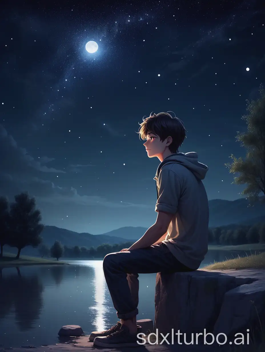 a handsome boy enjoying loneliness under starlight moonlight alone