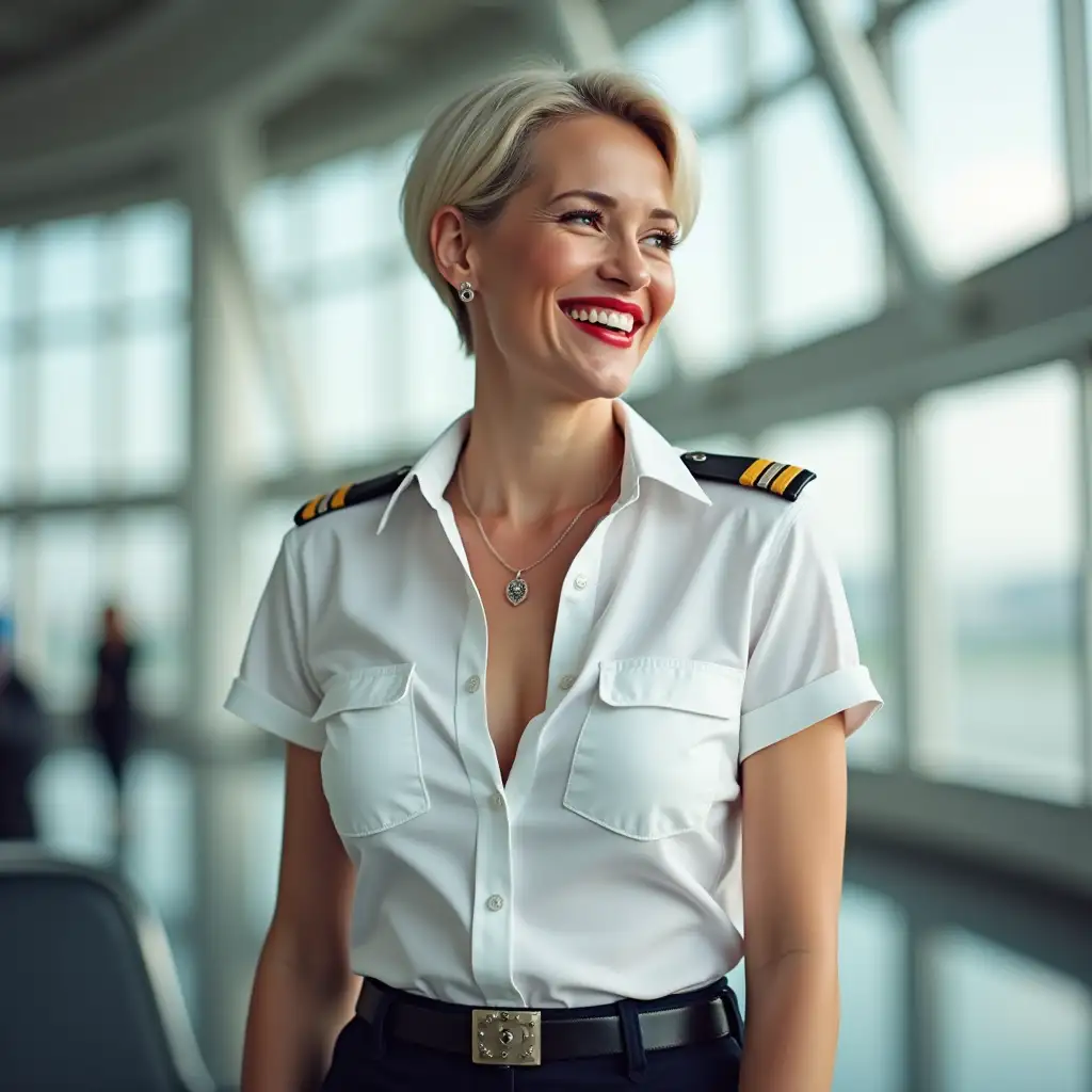 white norvegian pilot lady, in white deep-necked pilot shirt, laughing with her mouth open, red lipstick accentuating her smile,belt on waist, big wide hips, chest are fully grown, jewerly, short hair, HD, enjoying at airport , photo-realism