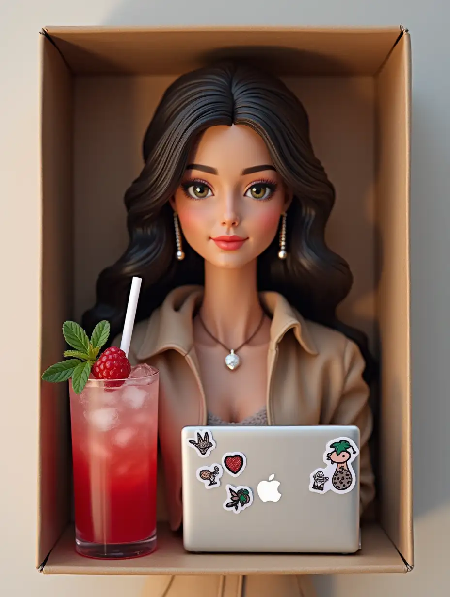 Create a realistic figure of a human in the photo. It should be an action figure in a box as a collectible item. The box reads: Marina. Inside next to the figurine - accessories: silver fox pendant, laptop with stickers, raspberry mojito