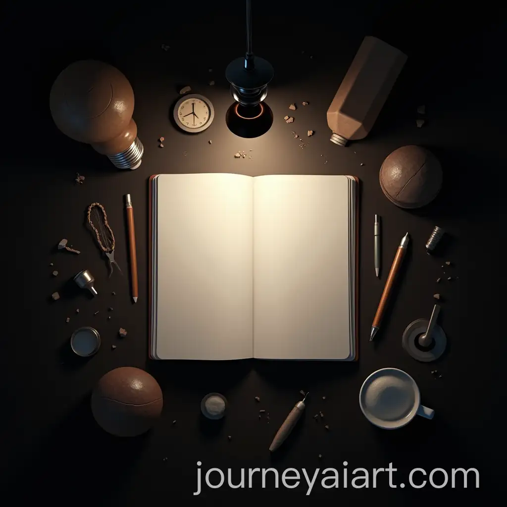 Top-View-of-a-Notebook-Surrounded-by-Random-Ideas-and-Dark-Lighting
