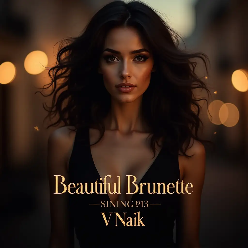 Create a stunning album cover featuring the title text 'Beautiful Brunette' and the artist name 'VNaik'. The image should portray an elegant and modern design with a mysterious, dark-haired woman at the center, embodying confidence and charm. Use a soft, warm color palette with highlights of gold or bronze to reflect the 'beautiful' aspect. Add subtle accents like sparkling lights or a city night background to enhance the atmosphere. Ensure the text is stylish and prominent, yet seamlessly integrated into the design for a professional appearance.