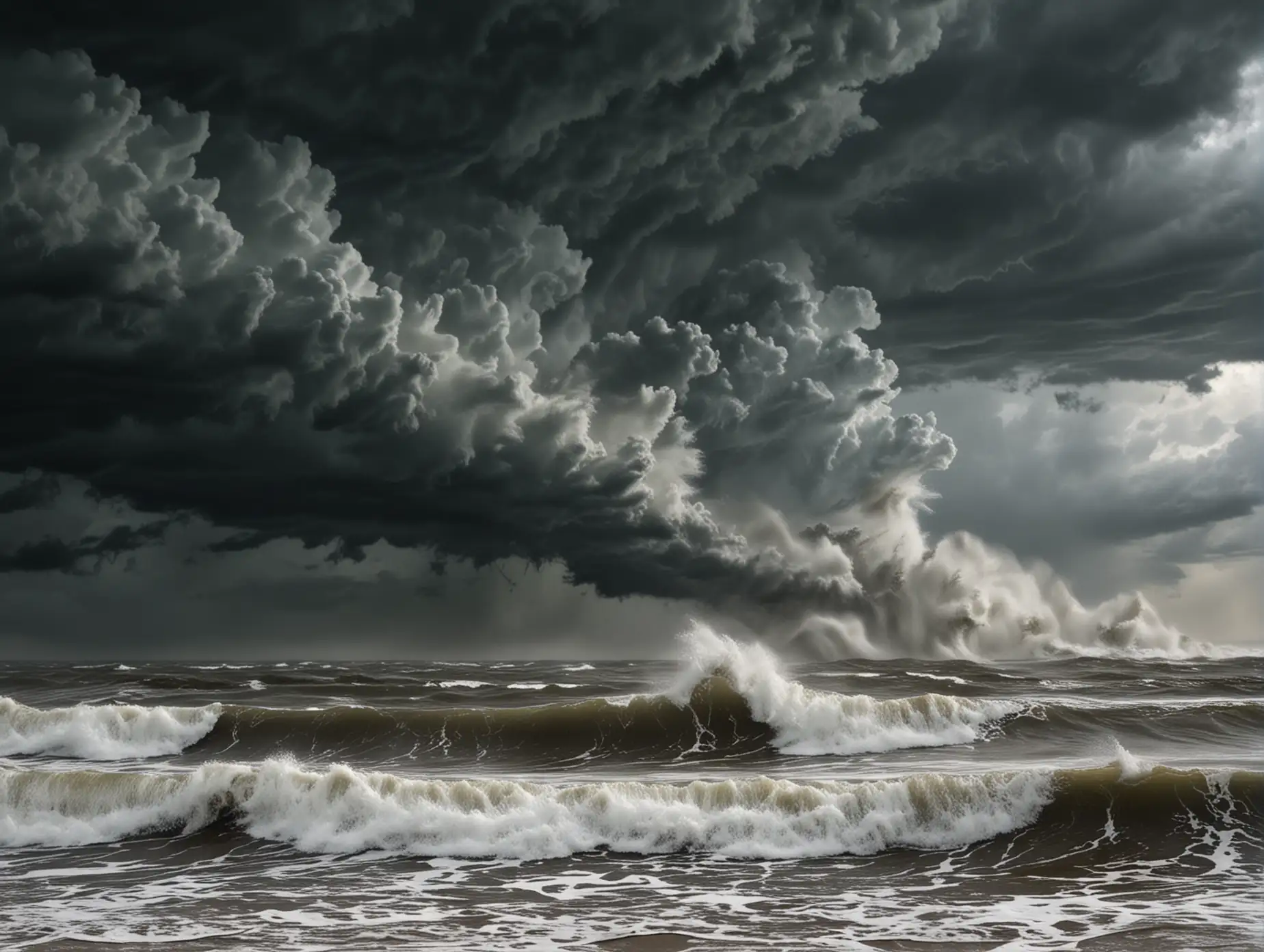 A realistic photo of a North Carolina coastal area with dark storm clouds gathering, waves crashing against the shore, and a visible increase in wind intensity. The image should convey the imminent threat of the storm and the urgency of the situation.