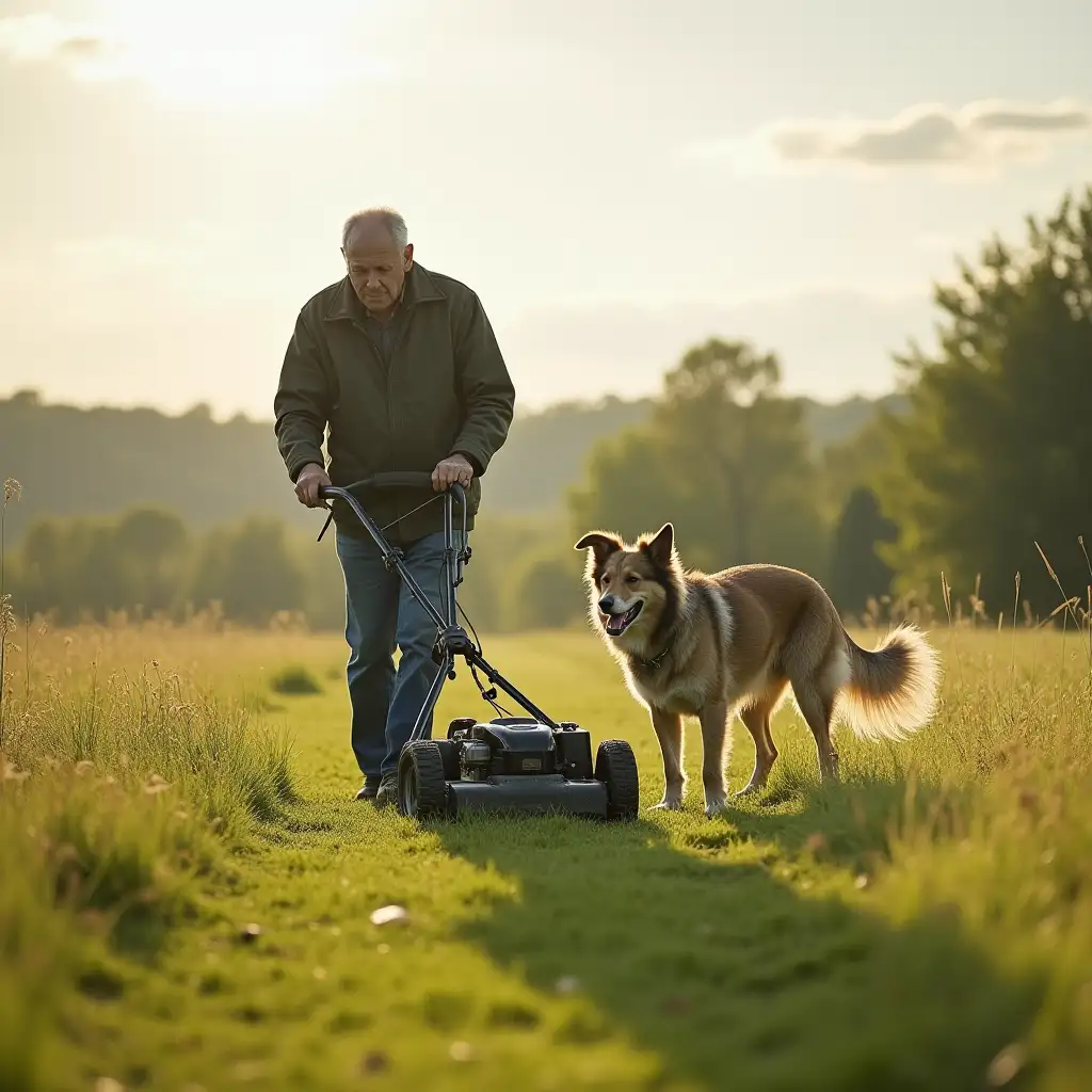 Elderly Man with Dog Mowing Meadow