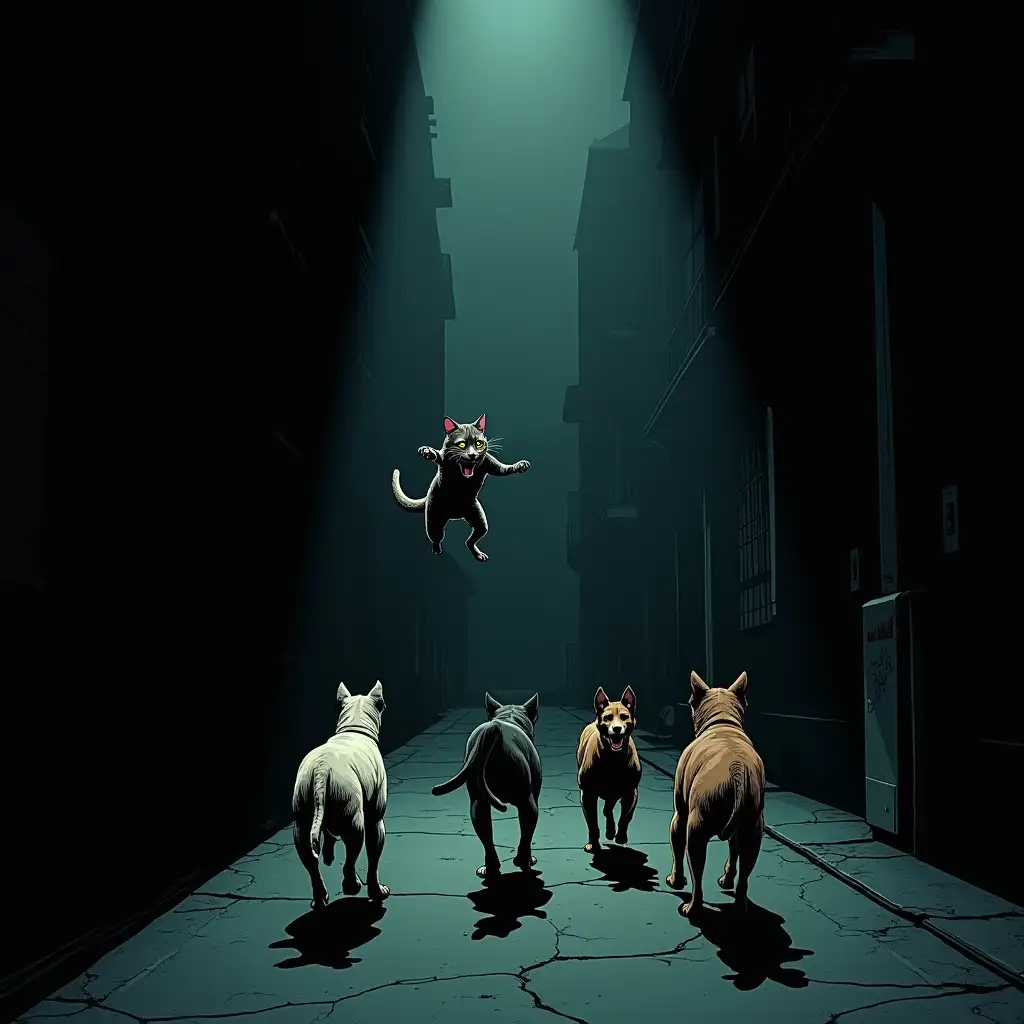 Sin-City-Style-Cat-Escapes-Three-Dogs-in-Dark-Alley