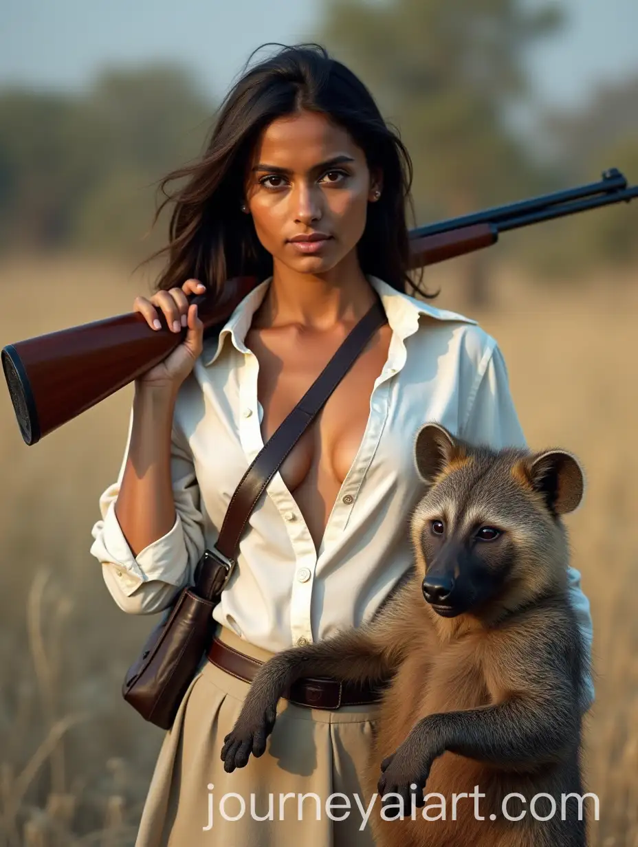 Pakistani-Huntress-with-Hunted-Baboon-and-Rifle