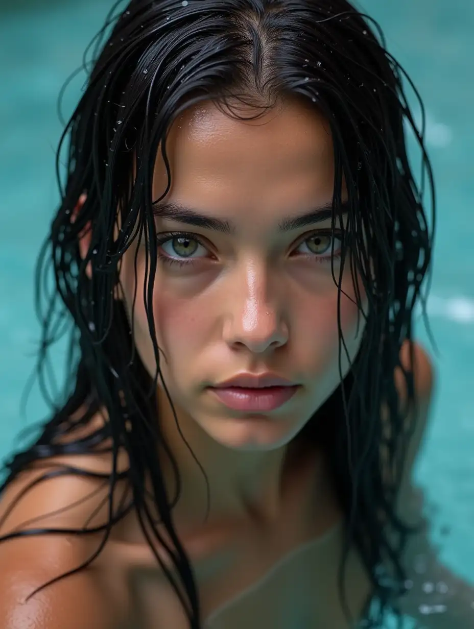 a young woman in a pool, heavily wet face seen up close with very wet black hair, looking at the camera, many water droplets on the hair and face, photo realistic