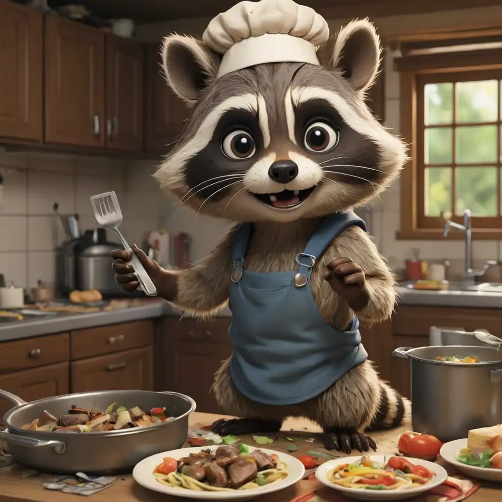 Chibi Raccoon Cooking Cuisine with Leftover Trash