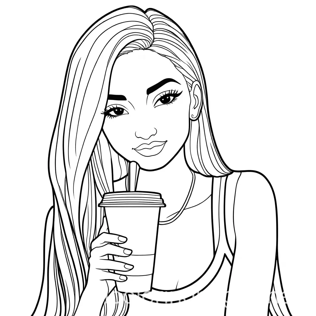 pia mia drinking boba tea, Coloring Page, black and white, line art, white background, Simplicity, Ample White Space. The background of the coloring page is plain white to make it easy for young children to color within the lines. The outlines of all the subjects are easy to distinguish, making it simple for kids to color without too much difficulty