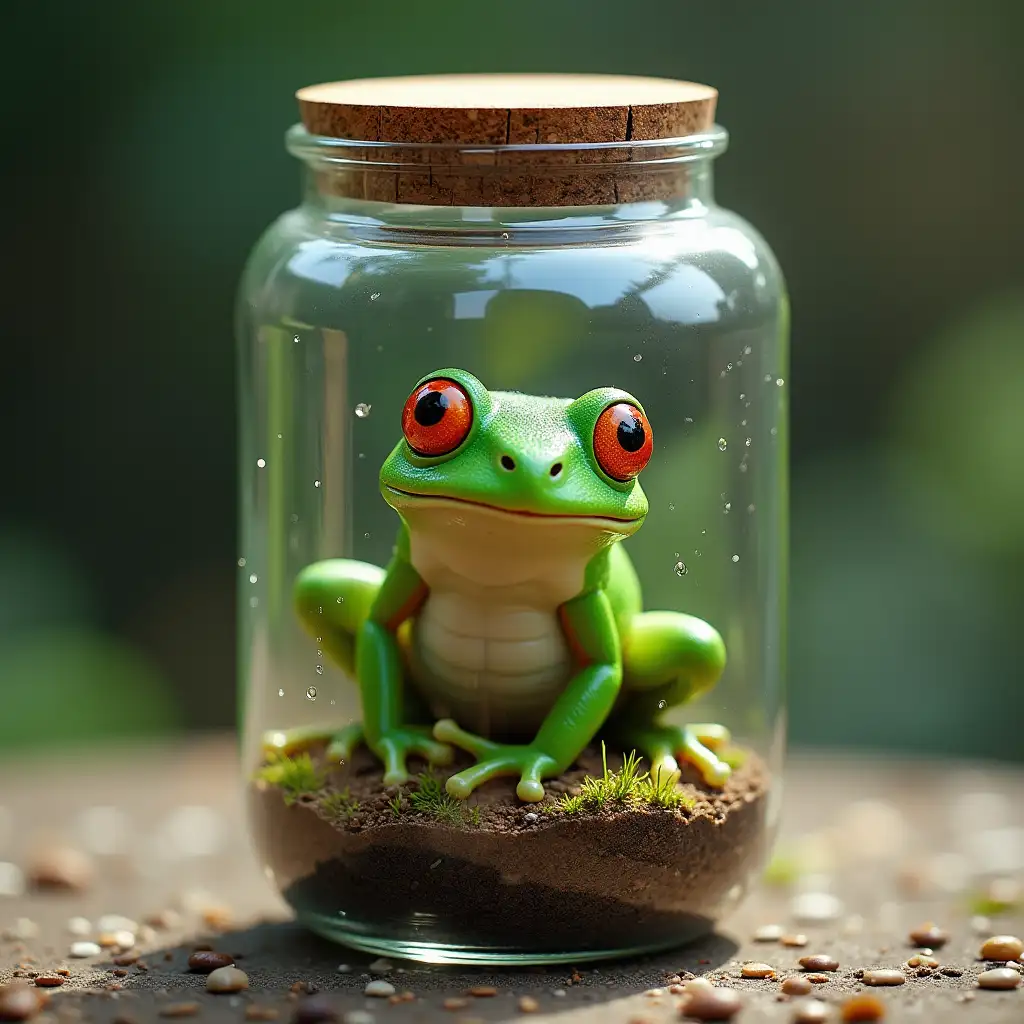 a detailed, green weather frog inside a glass jar