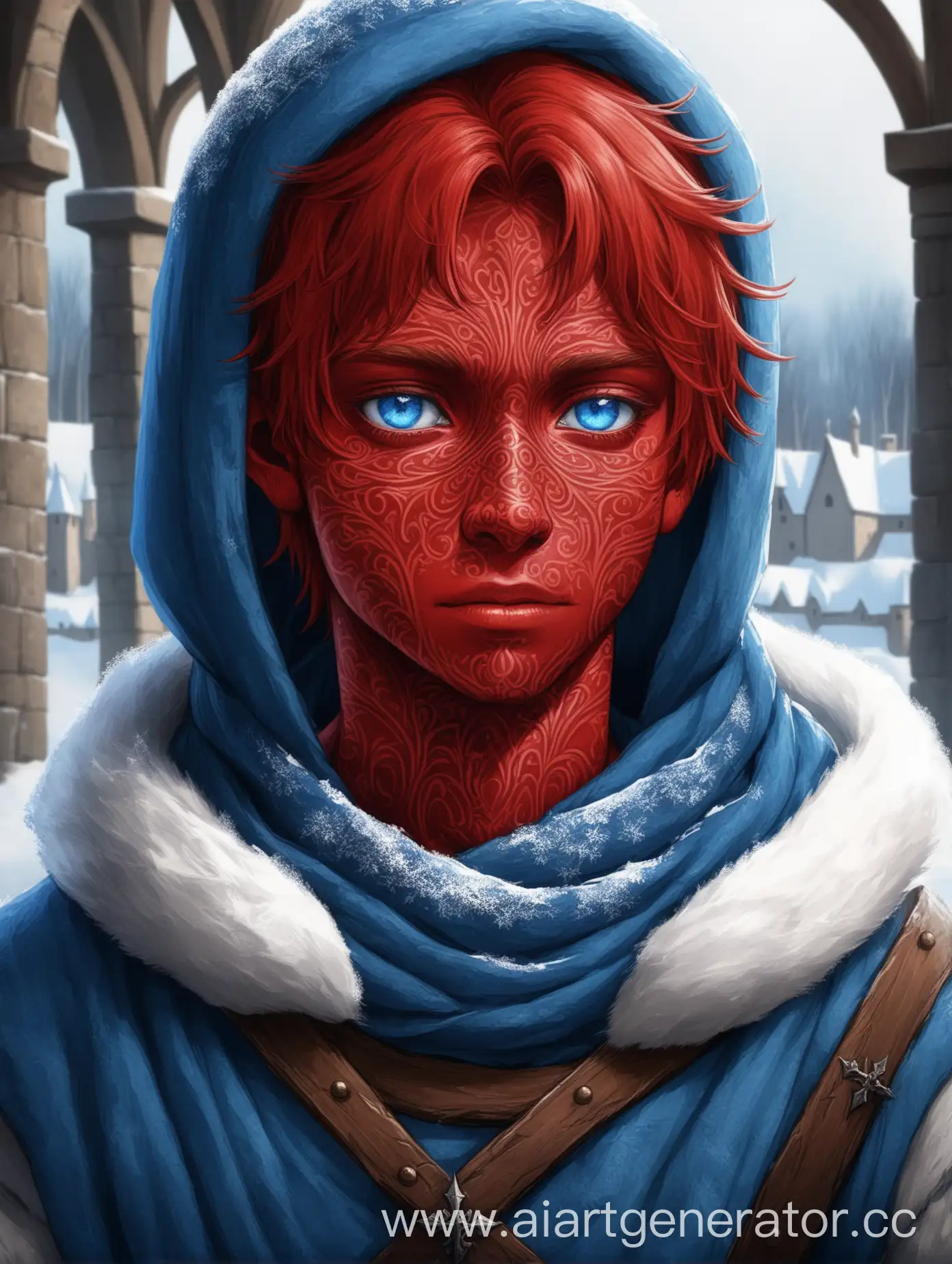 Youth-with-Red-Skin-and-Blue-Eyes-in-Medieval-Winter-Setting