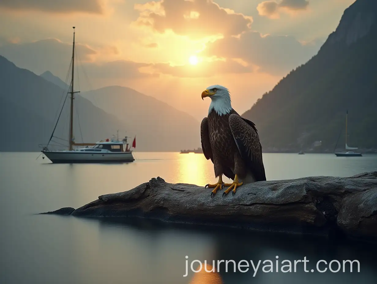 Eagle-on-Log-in-Sunlit-Limnothalassa-with-Boat-in-Long-Exposure