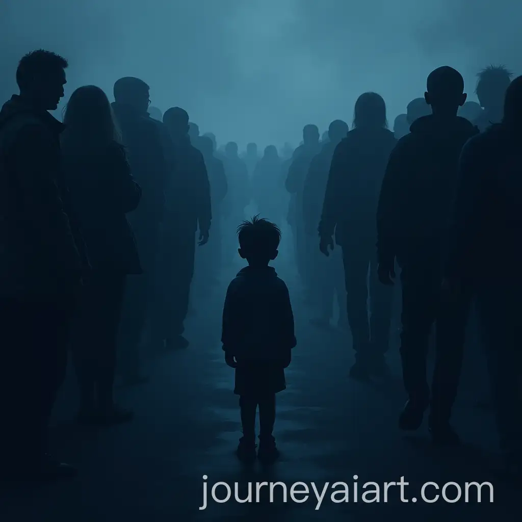 Silhouette-of-a-Small-Boy-in-a-Desaturated-Crowd-with-Moody-Shadows