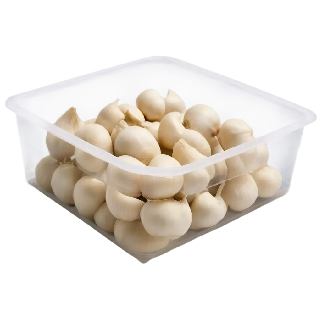 HighQuality-PNG-Image-of-Peeled-and-Packed-Garlic-in-a-Plastic-Box-on-Wooden-Table