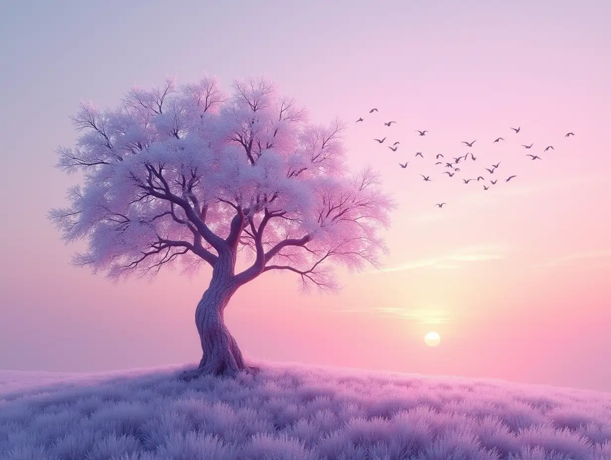 Ethereal-Sunset-Landscape-with-Ancient-Tree-and-Frosted-Leaves