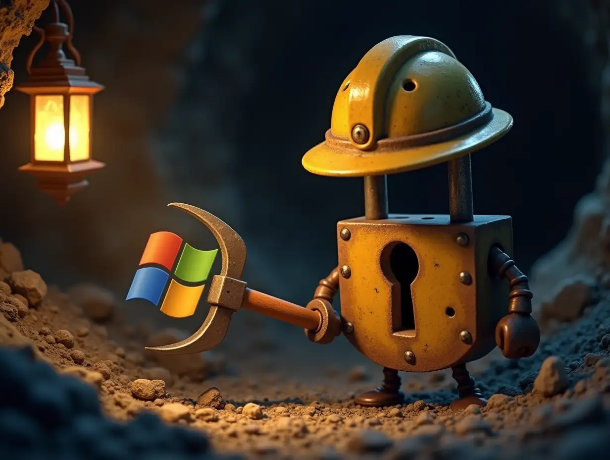 An image in the style of a video game where an anthropomorphized lock wearing a hard hat and is using a pickaxe to dig out an artifact in a mine. The artifact is a Windows XP logo. Give lighting from lanterns around the cavern. Make sure that the artifact is placed in the middle of the image.