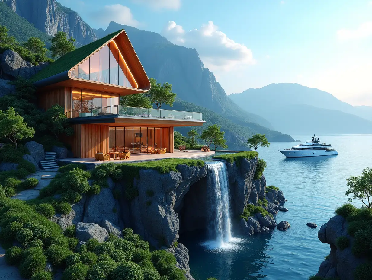 A futuristic multi-story house made of many lit glass, triangular and wood lies on the mountain peak, with many plants waterfall, trees, blue sky, bright environment, mountains, clear water and a yacht in the background, colorful 8k quality 180 degree shots