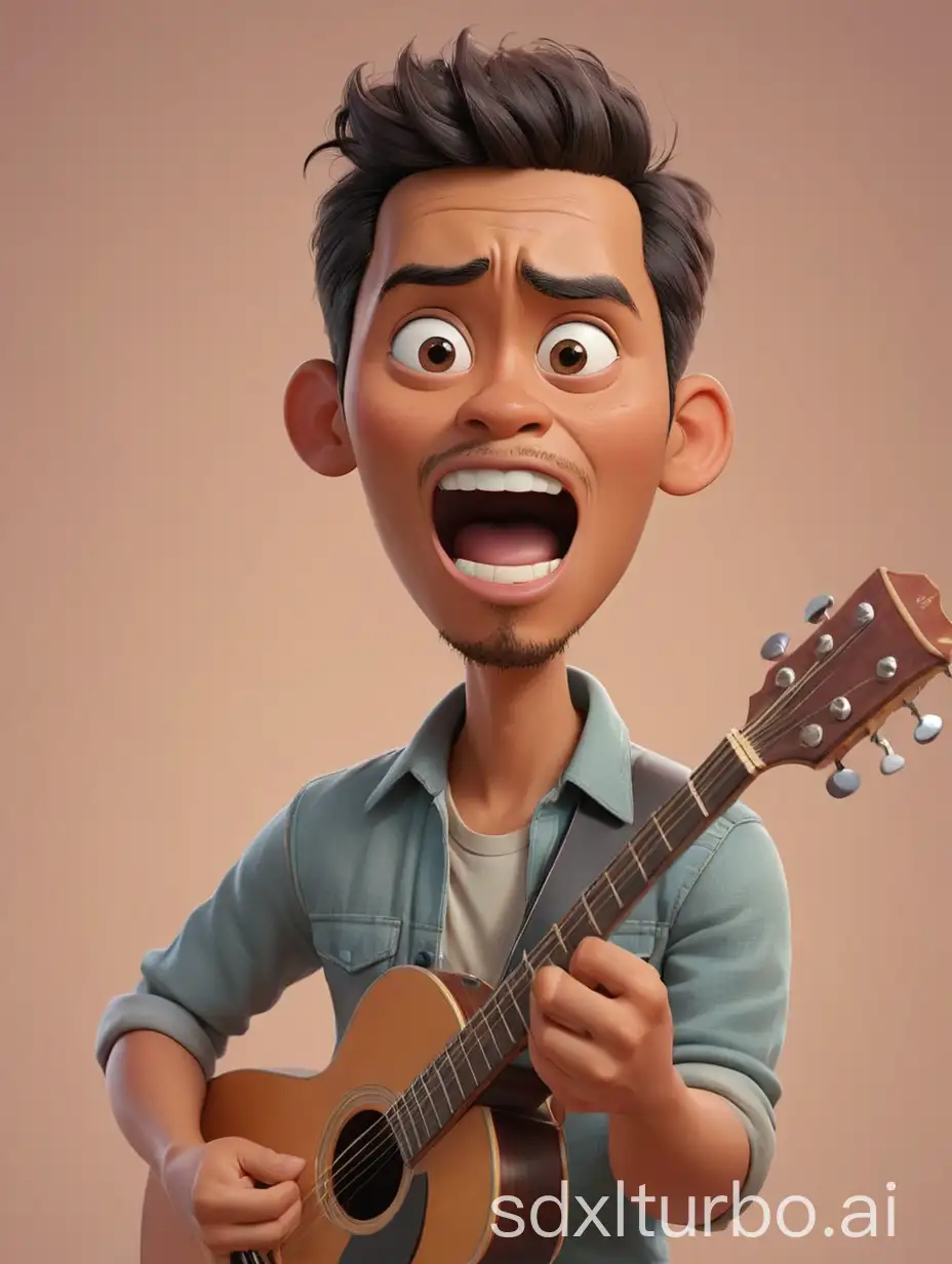 a stunning cinema 4d rendered with Disney Pixar big head style, a portrait of a 30 Years old Indonesian male singer, singing and guitaring, isolated on pastel background