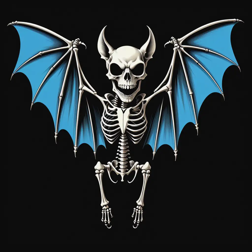 Vintage 70s Screen Printed Bat Skeleton Art on Black Background