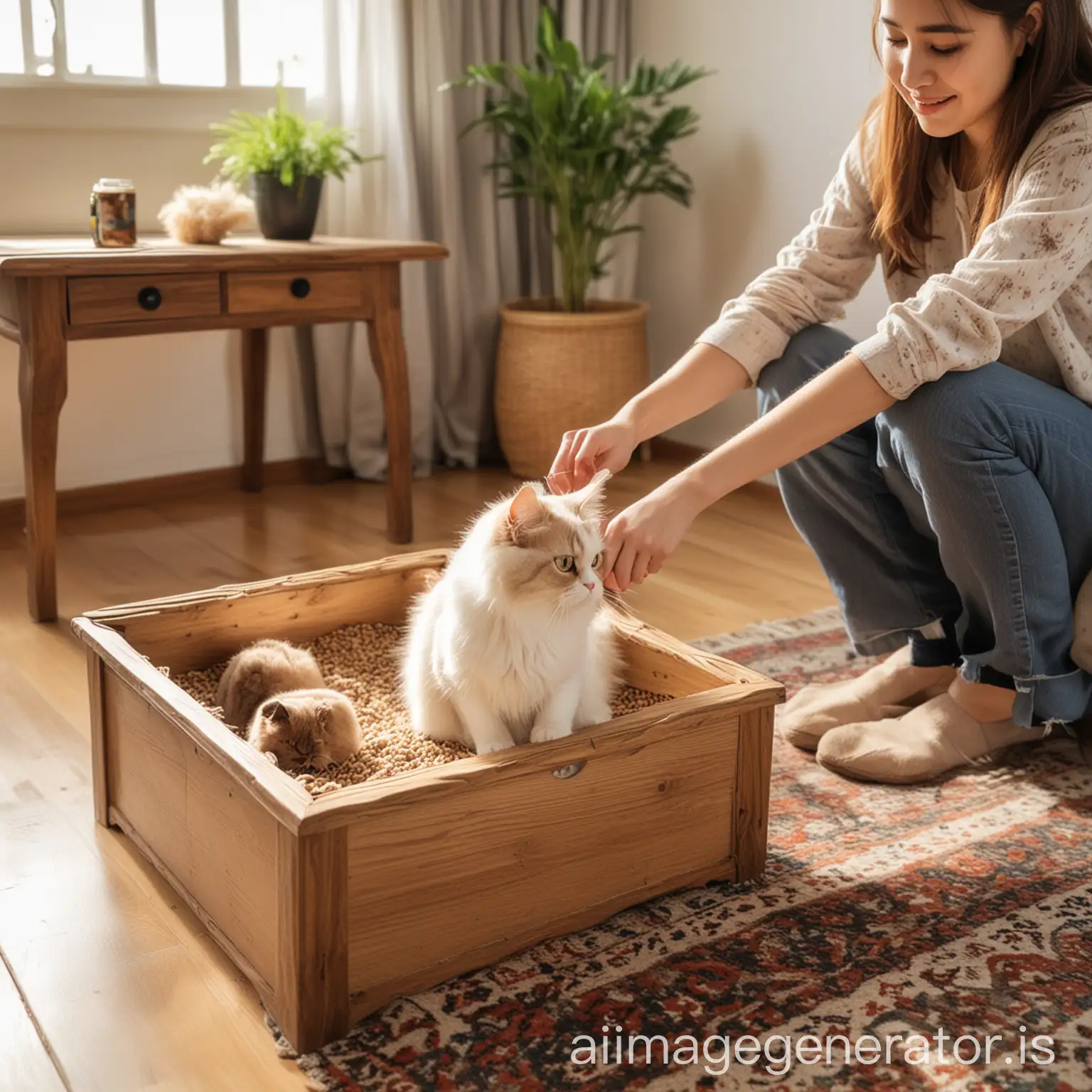 In the daytime, with bright sunlight, a foreign woman is playing with a Persian cat in a countryside-style living room, and there is a cat litter box on the wooden coffee table in the living room.