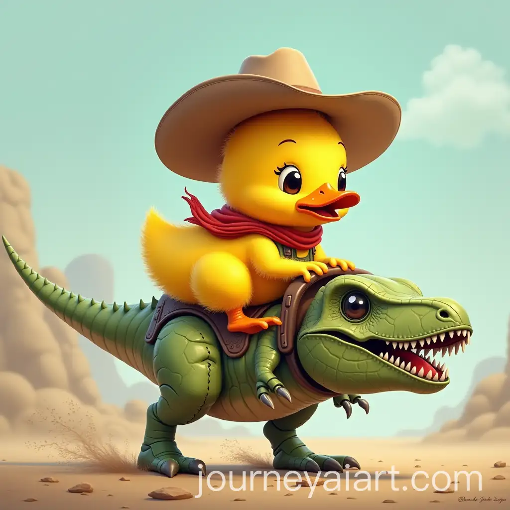 Adventurous-Yellow-Duckling-Riding-Robot-Velociraptor-in-Cowboy-Hat