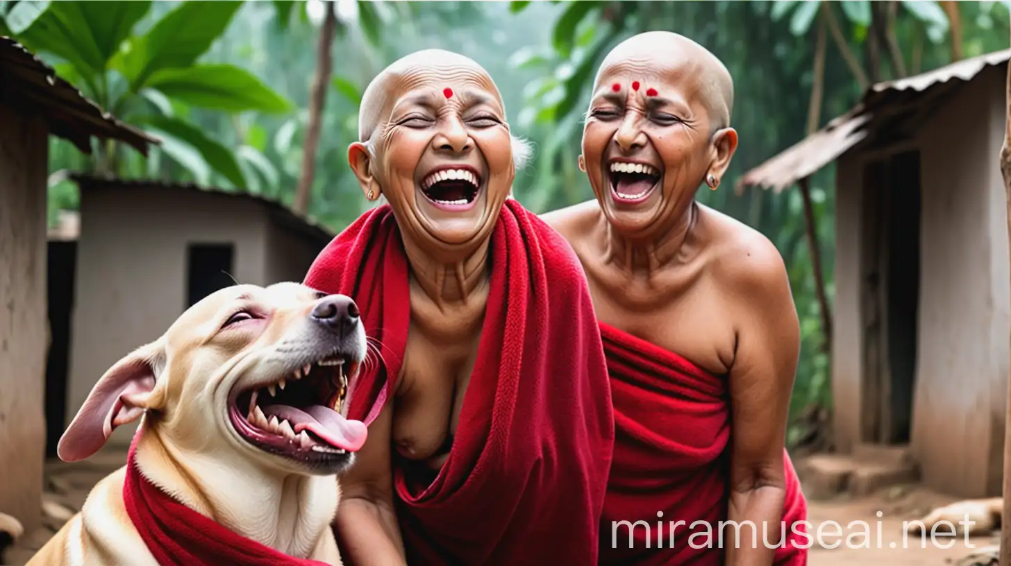 Mature Indian Woman Laughing in Red Bath Towel with Dog in Jungle Village Scene