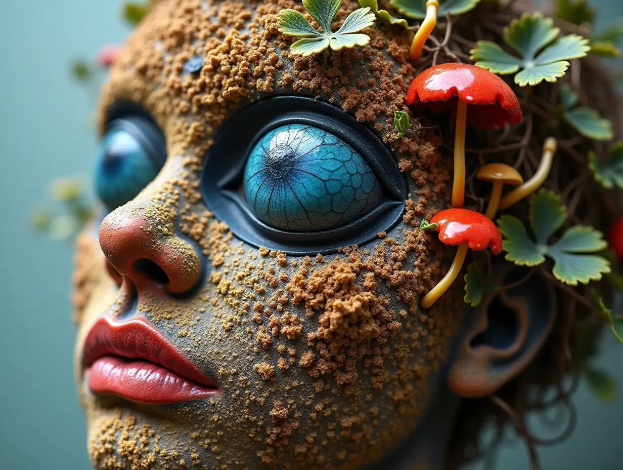 Face with blue Fly AgaricnRoots transformed into building
