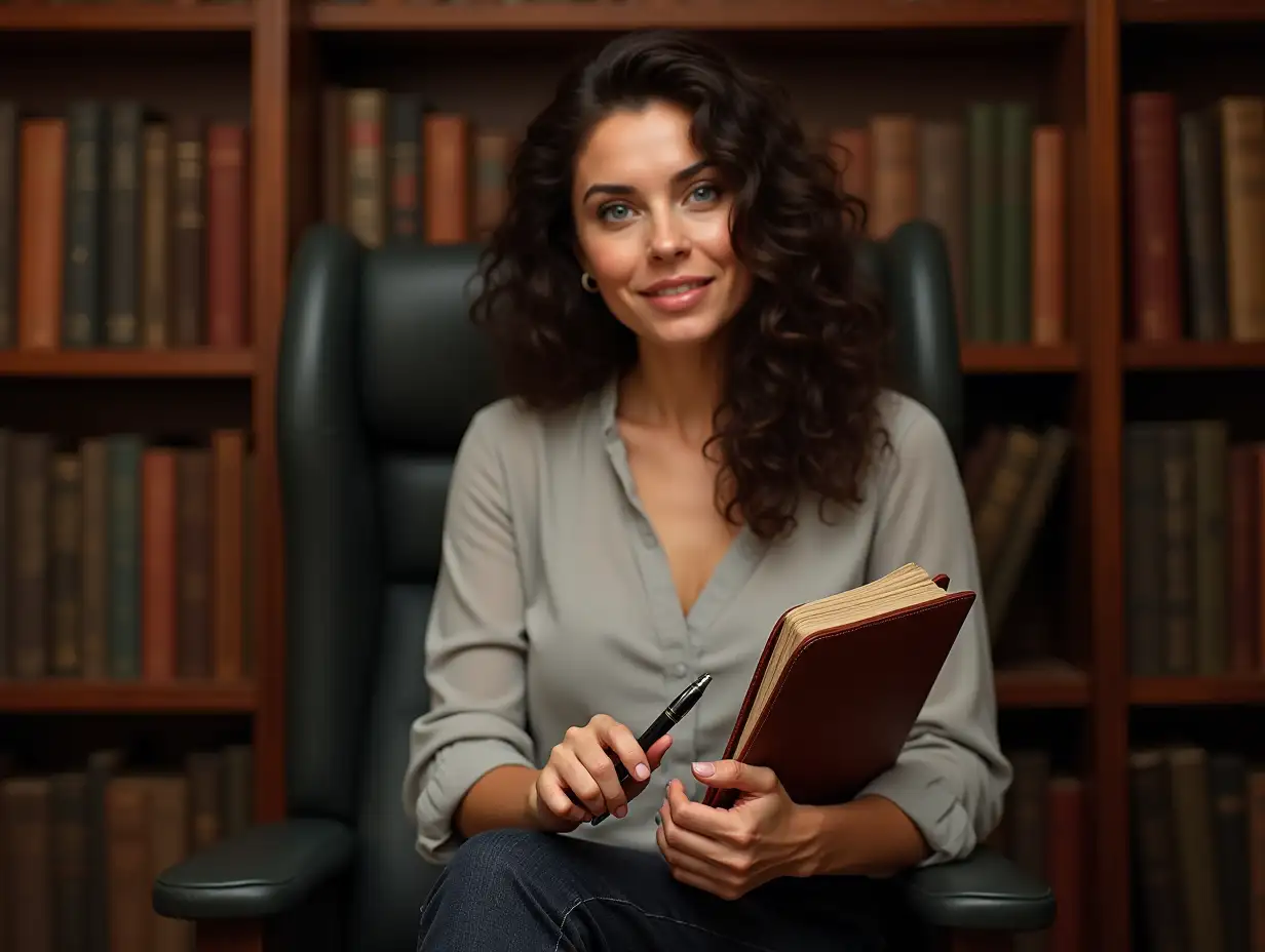 Portrait-of-Lingviana-in-Cozy-University-Office-with-Wooden-Bookshelves