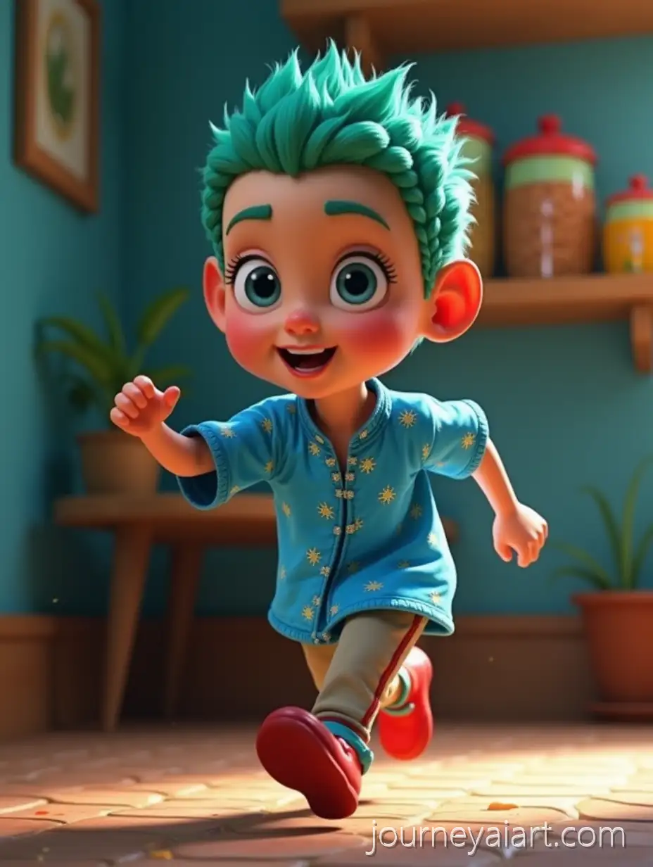 Fantasy-10YearOld-Boy-withAI-Image-Expansion-MintGreen-Braided-Hair-Running-in-Cozy-Room