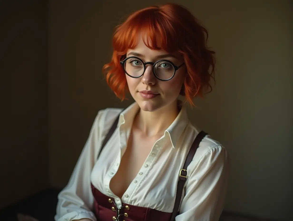 Pretty-Nursing-Student-with-Venetian-Red-Hair-and-Round-Glasses-in-Casual-Blouse-and-Corset