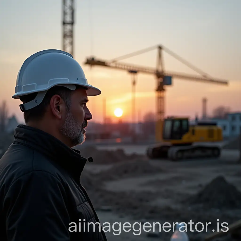 Create for me an image in gray tones of top engineer aged 45, 182 cm height, 90 kg weight, with light stubble on cheeks observing the work of driving piles on a construction site at sunset in the future during winter in a white helmet