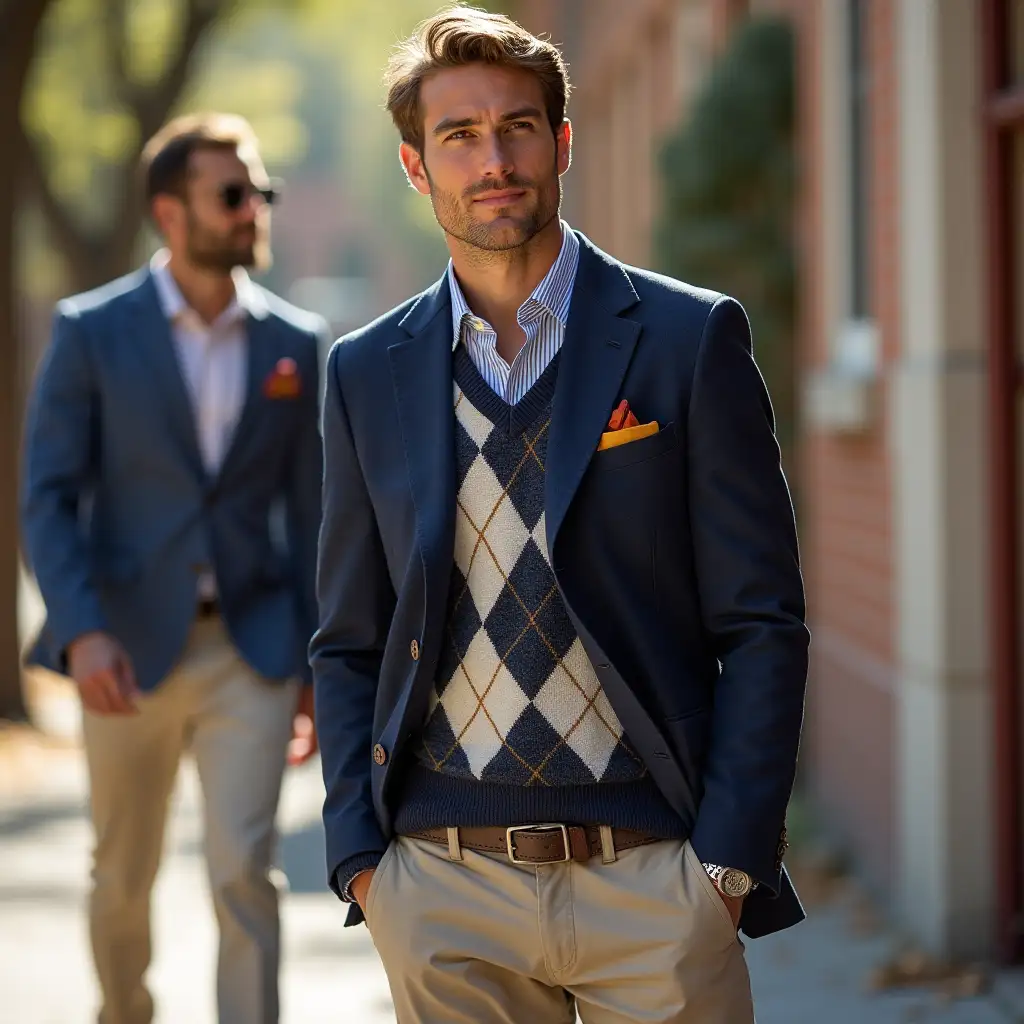 Men's preppy fashion gallery, featuring classic blazers, argyle sweaters, and chinos in a collegiate setting, captured with natural light and a focus on sharp details, evoking a sense of timeless style and sophistication.