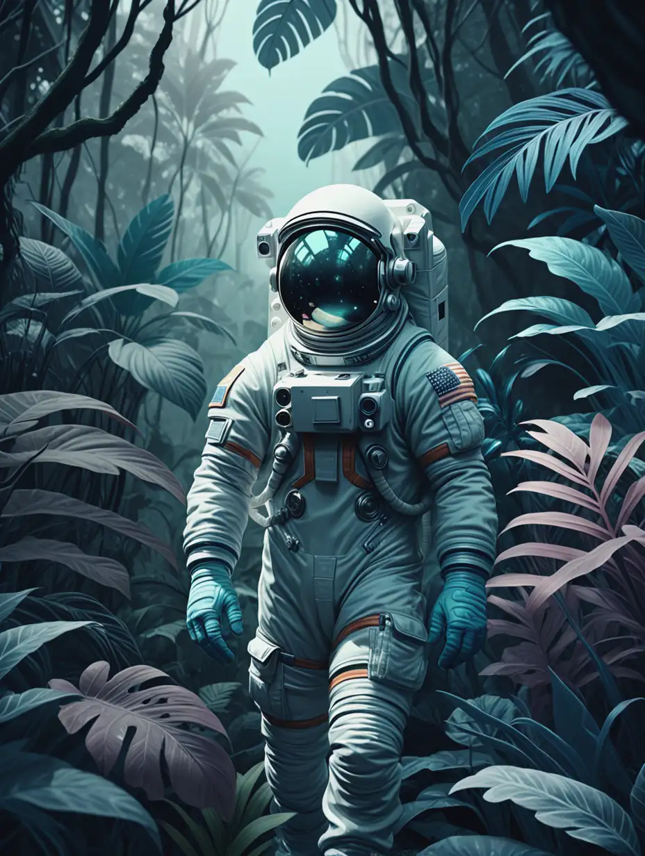 Astronaut in a jungle, cold color palette, muted colors, detailed, 8k