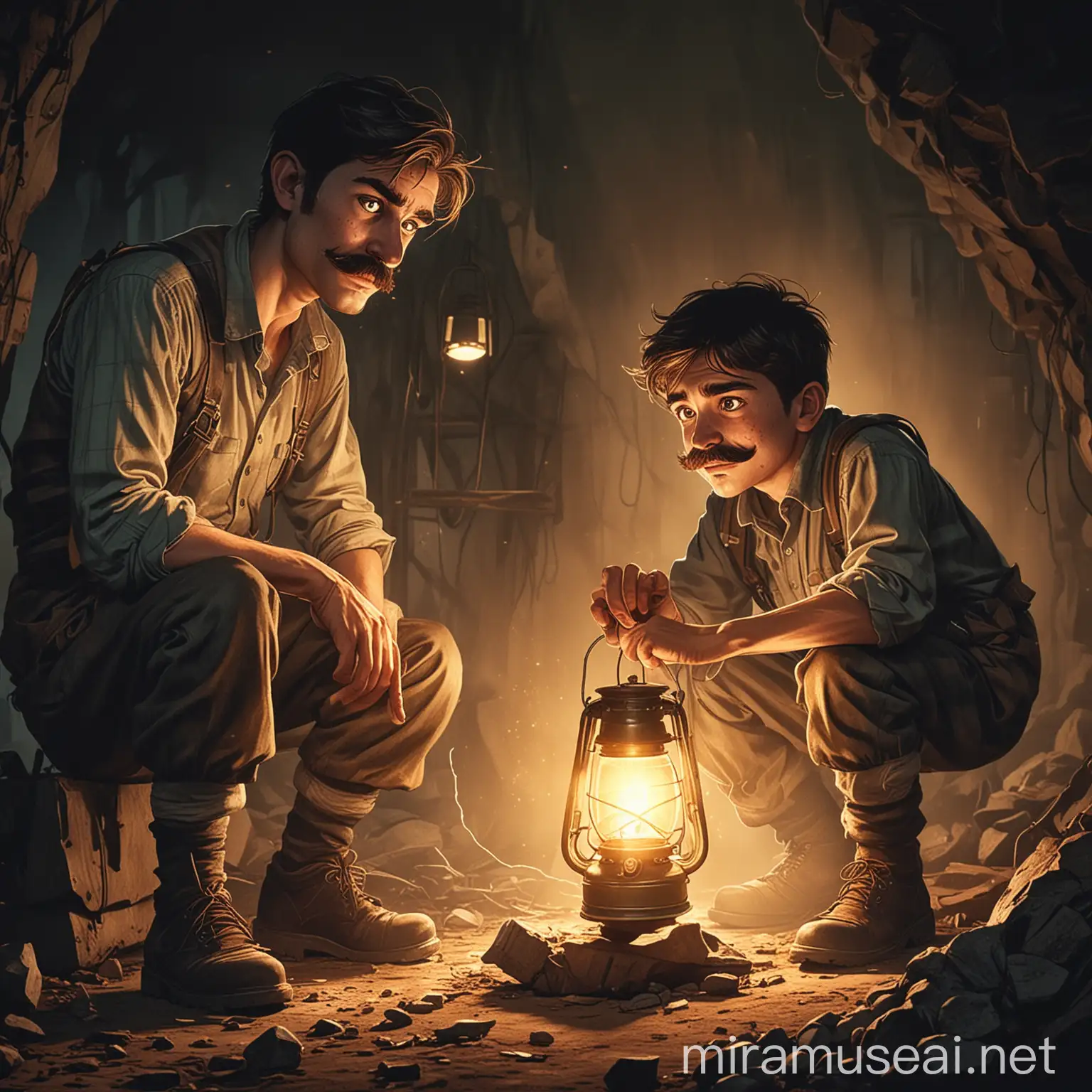 Illustration of a Teenage Boy Helping a Man with a Broken Leg in a Dark Mine