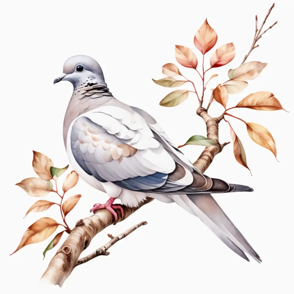 Aesthetic Watercolor Dove Sitting on Branch White Background