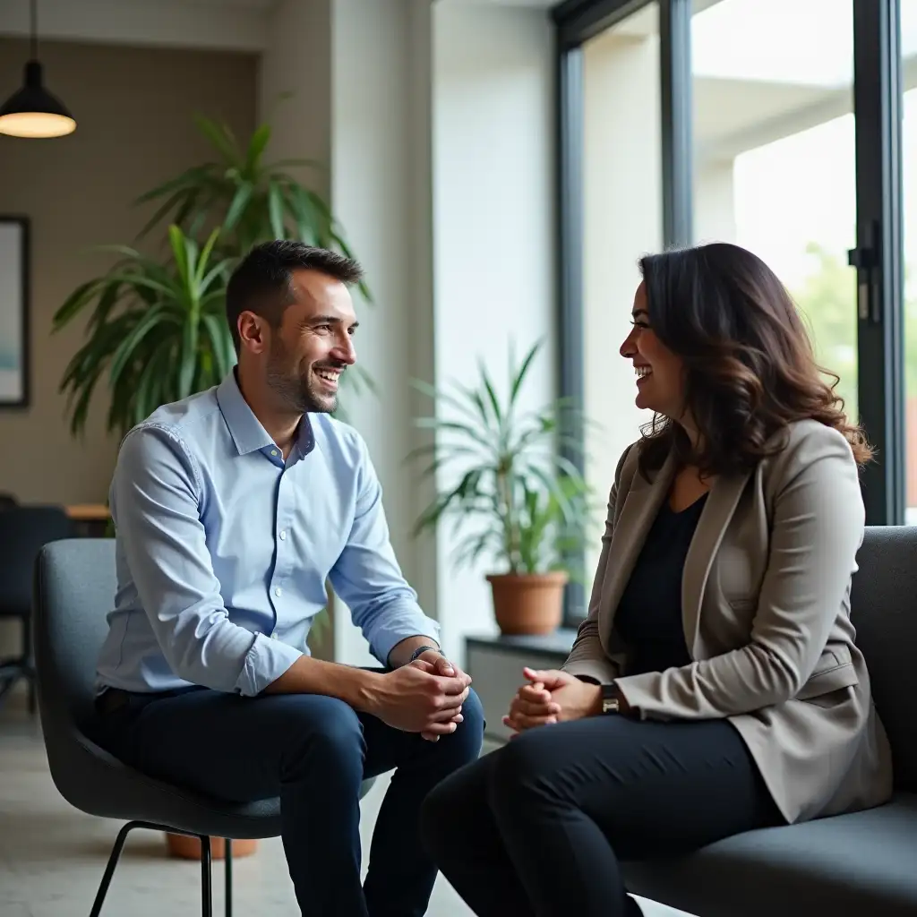 Professional-Hispanic-Man-and-Woman-Having-a-Conversation-in-Modern-Office-Waiting-Room