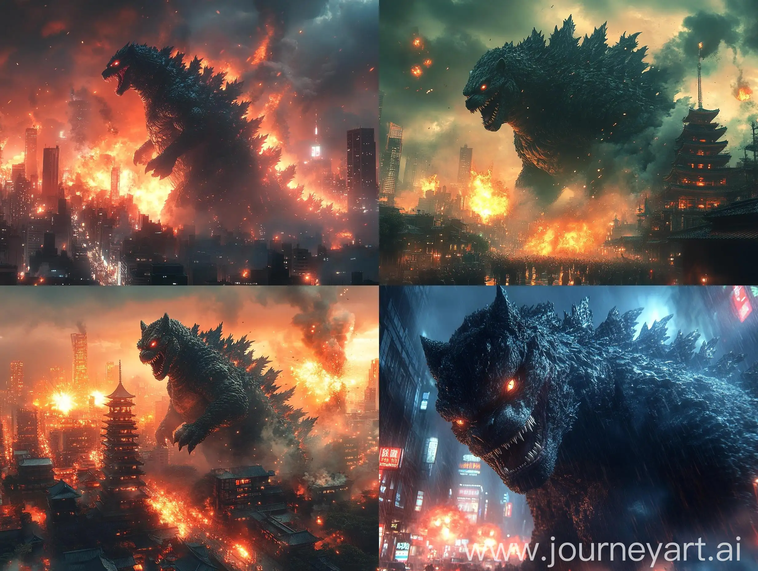 Giant-Godzillalike-Cat-Walking-Through-Night-City-with-Explosions