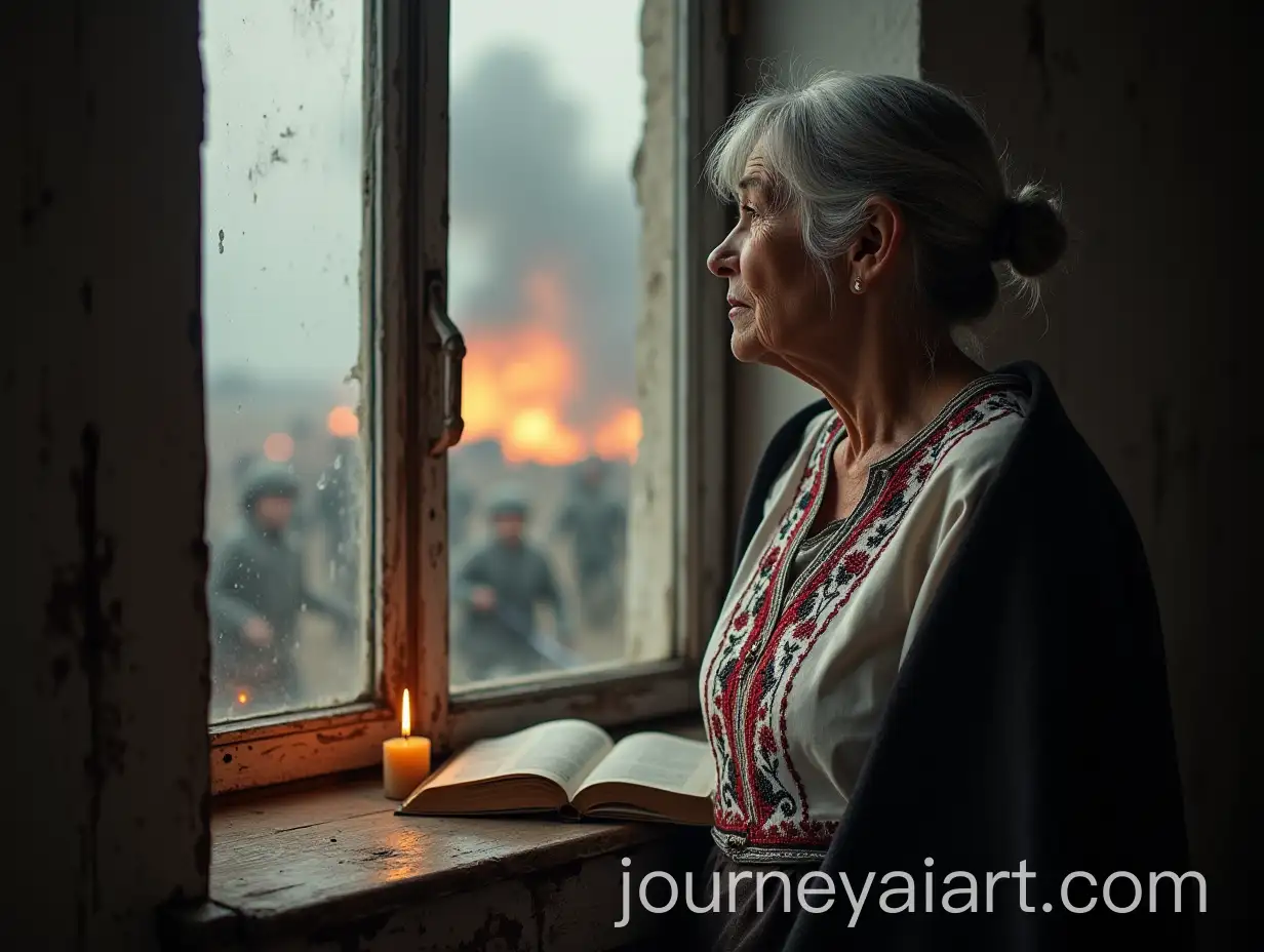 Ukrainian-Mother-Praying-at-Window-Amidst-WarTorn-Landscape