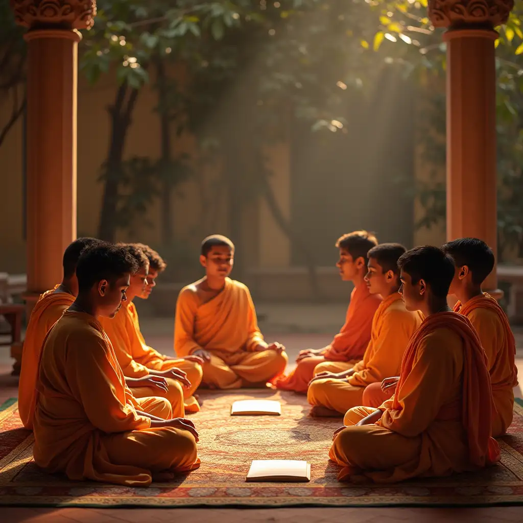 in a traditional gurukulam background, group of students sitting in classical attire, and practicing veda parayanam