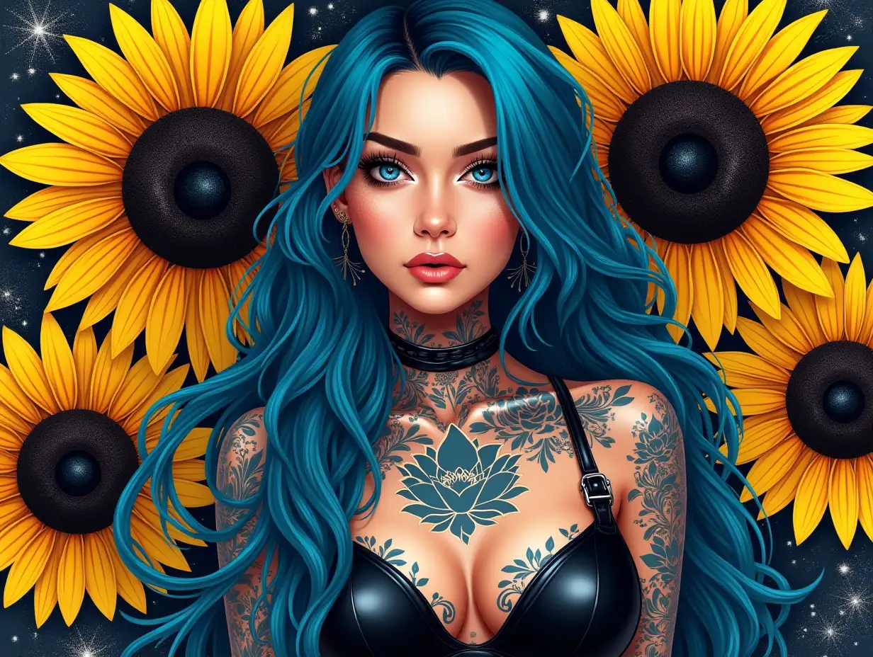 Vector illustration, Art style: realistic description, Art inspiration: realistic description, Camera: Super sharp images, Snapshot: Daylight, Related information to conclude Output: High Resolution 4k, Detail 8k. Create a striking, hyper-realistic portrait of a tattooed woman with long, flowing blue hair, centered in the image. She wears a stylish black leather sleeveless top, with intricate floral tattoos in blue and black on her skin, highlighting her edgy aesthetic. Behind her, a vibrant background features large sunflowers in bold yellows and deep blacks, providing strong contrast, with the flowers artistically rendered in a slightly abstract style. Include the text 'if you don’t want a SARCASTIC answer don’t ask a STUPID QUESTION' in bold, colorful letters, and fill the background with glitter and decorative elements.