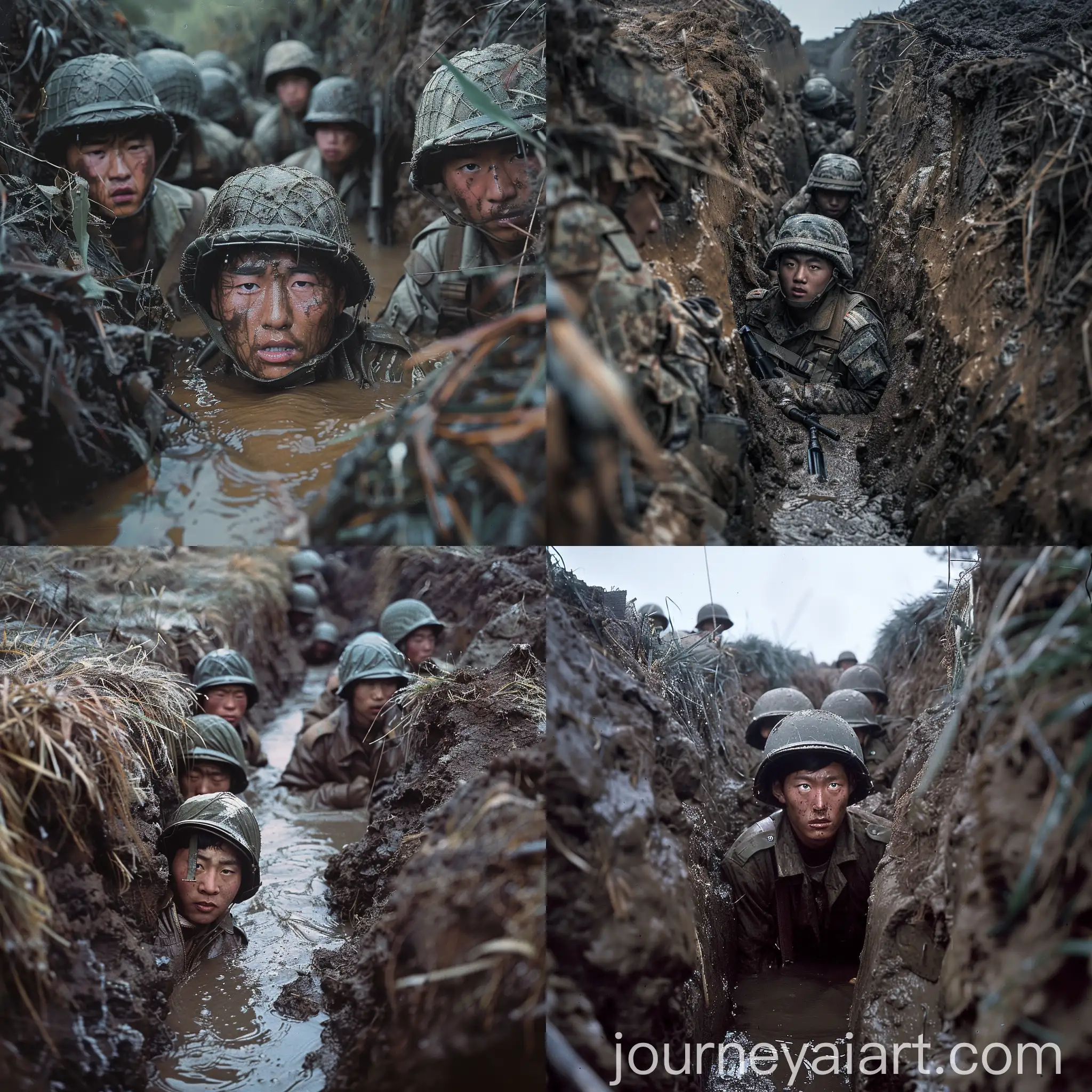 Young-Korean-Soldiers-Hiding-in-Cold-and-Muddy-Ditch