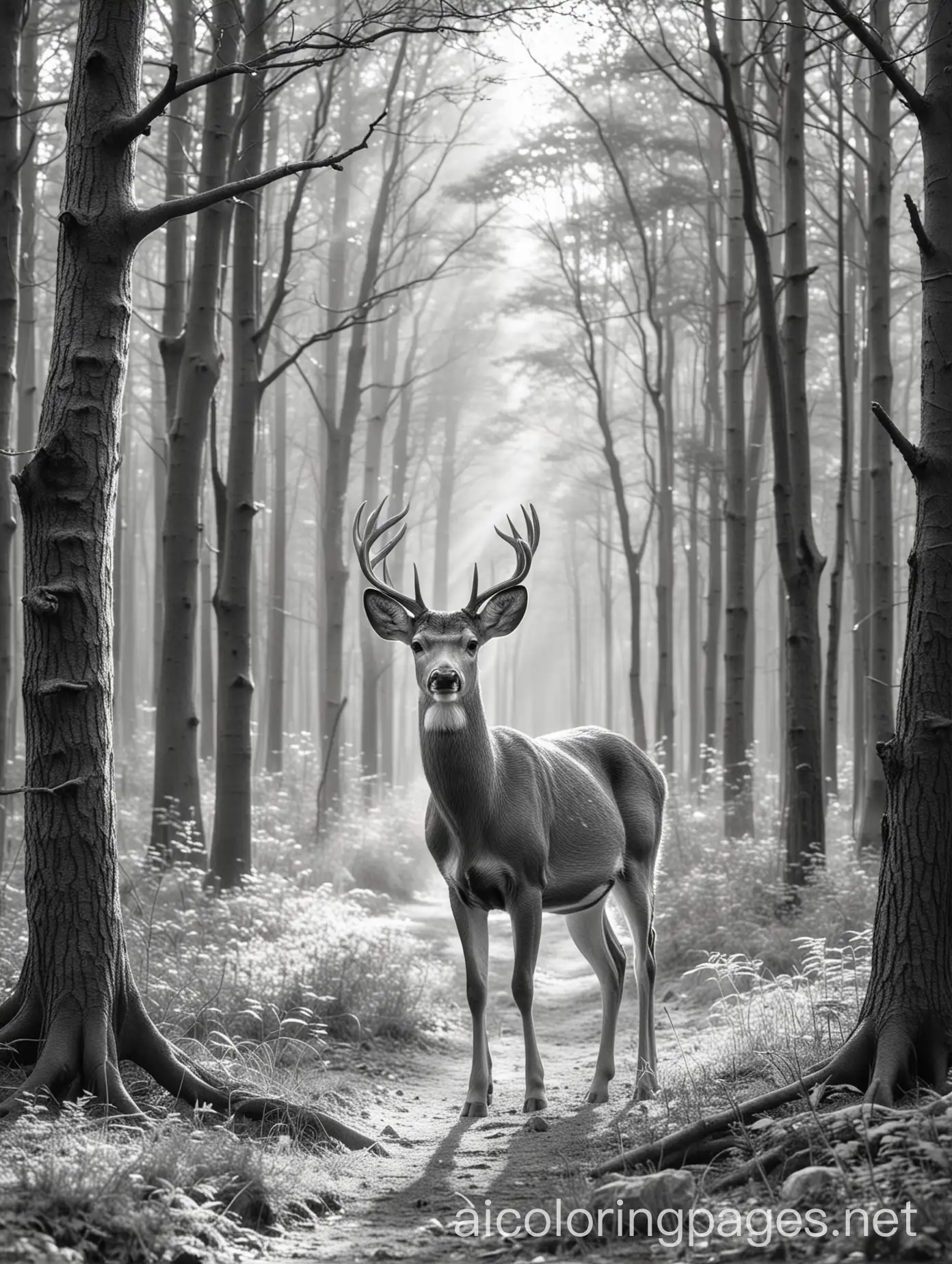 Majestic-Deer-in-Sunlit-Woods-Coloring-Page