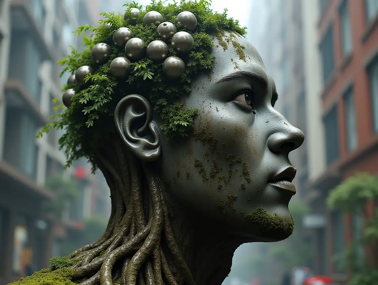 face transformed into steel balls on tree roots in buildings
