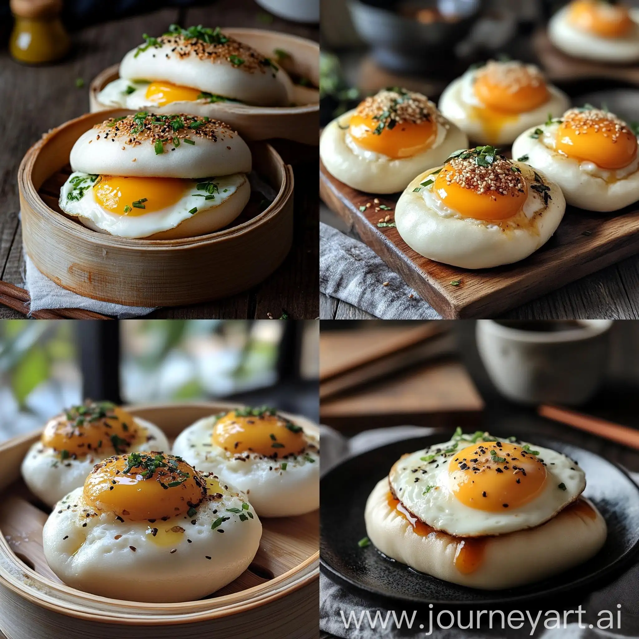 Steamed-Buns-with-Fried-Egg-Breakfast-on-White-Plate