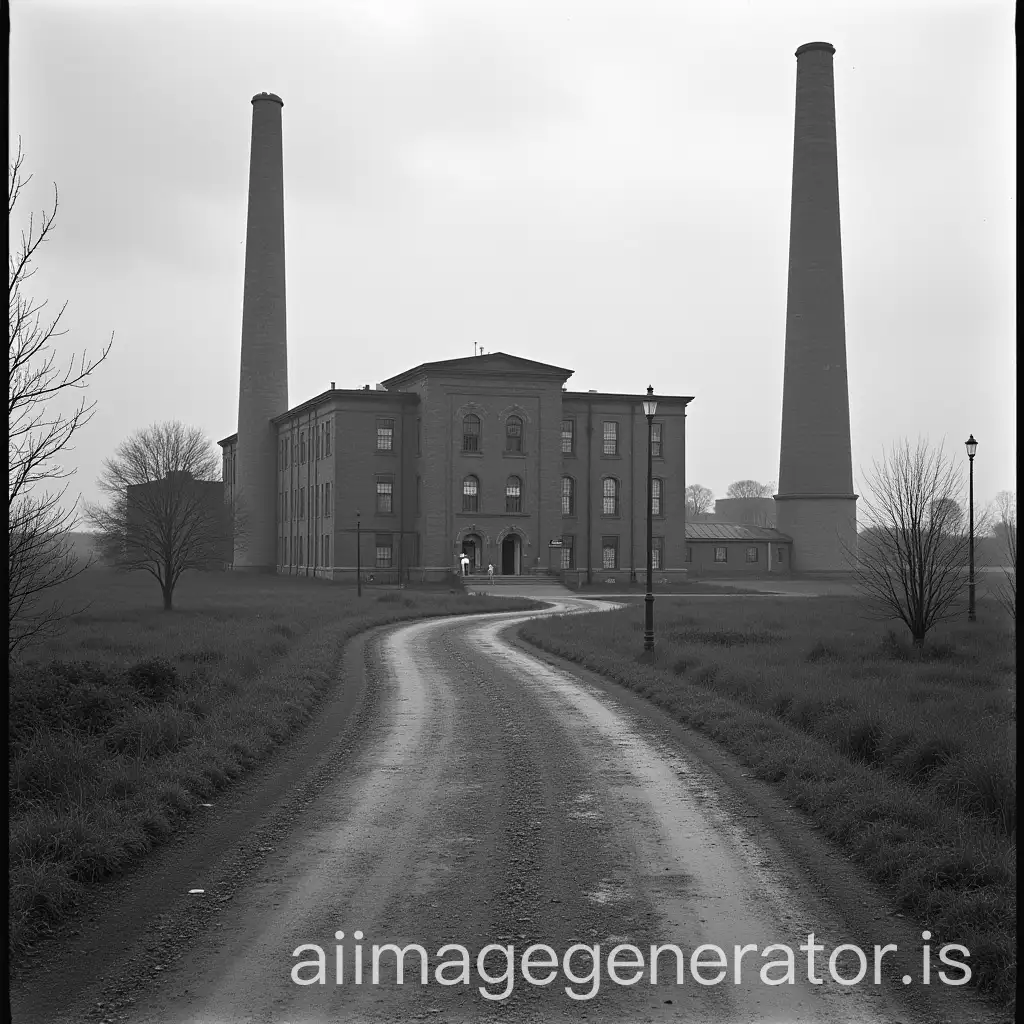 A brick factory viewed from the outside in black and white photo