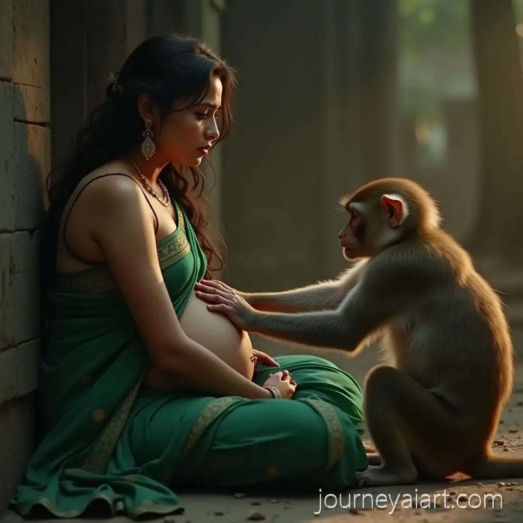 Emotional-Bollywood-Cinematic-Scene-of-Young-Indian-WomanEmotional-scene-with-monkey-with-Monkey-in-Green-Saree