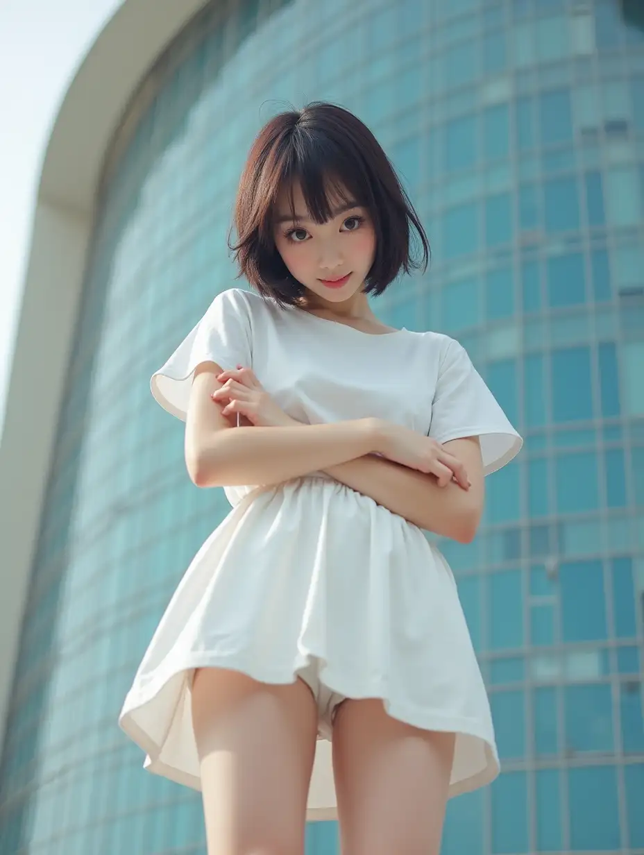 Beautiful-Shinjuku-Girl-in-White-Miniskirt-Low-Angle-Photo-with-Sweet-Smile